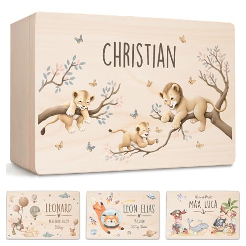 Little Deco Baby Erinnerungsbox personalisiert mit Name Holzkiste Löwen | 40 x 30 x 22 cm | Erinnerungskiste Geschenk zur Geburt und Taufe Aufbewahrungsbox für Junge & Mädchen XHL1054-1-L von Little Deco