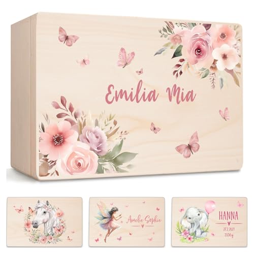 Little Deco Baby Erinnerungskiste mit Blumen | L - 40 x 30 x 22 cm - Design 1 | Personalisierte Erinnerungsbox für Mädchen, Holzkiste Baby Box Geschenk zur Geburt, Taufe & Geburtstag XHL1038-1-L von Little Deco