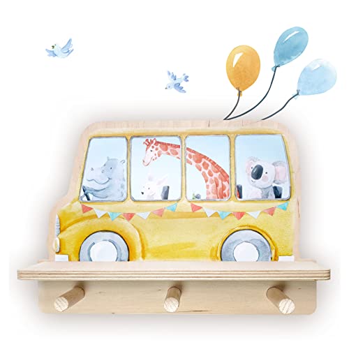 Little Deco Bus mit Tieren Mini Wandregal für Kinderzimmer aus Holz, Wanddeko für Babyzimmer mit Wandtattoo Wandsticker Musikbox DL775-1 von Little Deco
