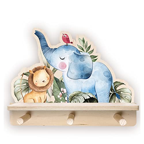 Little Deco Elefant & Löwe Mini Wandregal für Kinderzimmer aus Holz, Wanddeko für Babyzimmer Schlafzimmer mit Wandsticker Musikbox DL791-1 von Little Deco