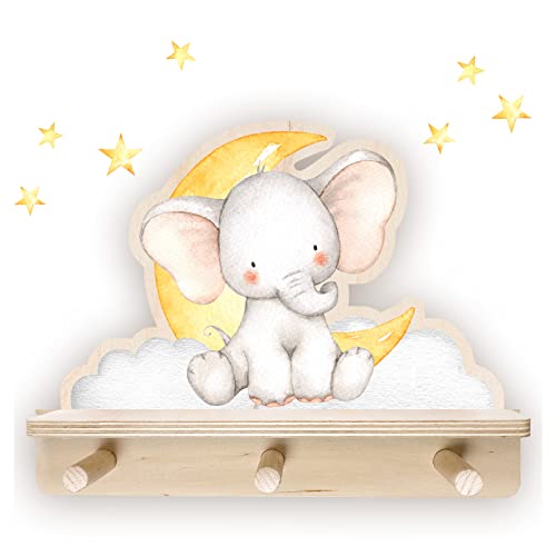 Little Deco Elefant & Mond Mini Wandregal für Kinderzimmer aus Holz, Wanddeko für Babyzimmer mit Wandtattoo Wandsticker Musikbox DL790-1 von Little Deco