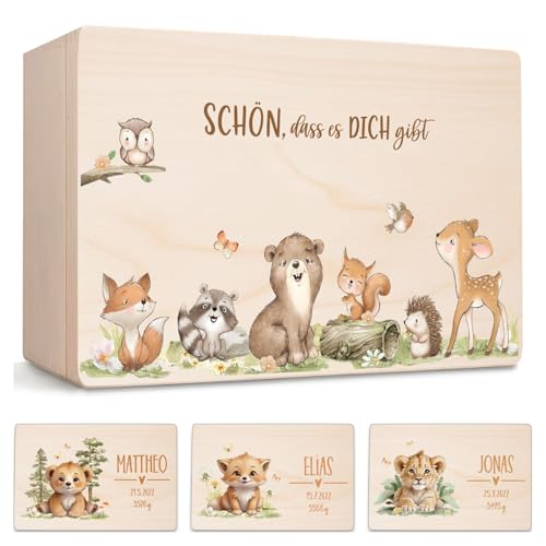 Little Deco Erinnerungsbox Baby Holzkiste mit Waldtiere | M - 30 x 20 x 13 cm Geburt & Taufe für Mädchen und Jungen XHL1010-09M von Little Deco