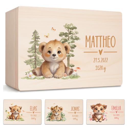 Little Deco Erinnerungsbox Baby Holzkiste mit Waldtieren | L - 40 x 30 x 22 cm | personalisiert mit Namen Geburt & Taufe für Mädchen und Jungen XHL1010-01L von Little Deco