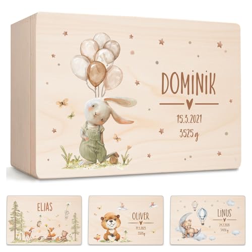 Little Deco Erinnerungskiste Baby mit Hase, Personalisierte Erinnerungsbox | M - 30 x 20 x 13 cm - Design 5 | Geschenk zur Geburt, Taufe Geburtstagsgeschenk Holz Babybox Jungen & Mädchen XHL1039-5-M von Little Deco