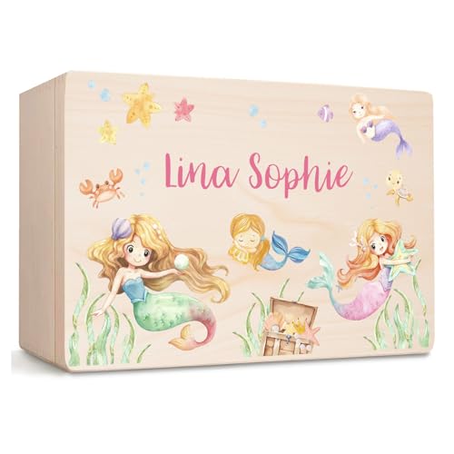 Little Deco Erinnerungskiste mit Name Holzkiste Baby personalisiert | 40 x 30 x 22 cm | Aufbewahrungsbox Erinnerungsbox Meerjungfrauen Baby Geburtstagsgeschenk Mädchen XHL1046-02 von Little Deco