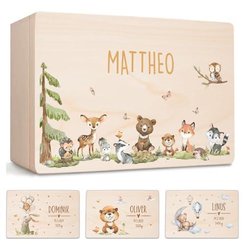 Little Deco Personalisierte Baby Erinnerungsbox Waldtiere | M - 30 x 20 x 13 cm - Design 3 | Erinnerungskiste aus Holz, Geschenk zur Geburt, Taufe & Geburtstagsgeschenk Babybox mit Deckel XHL1039-3-M von Little Deco