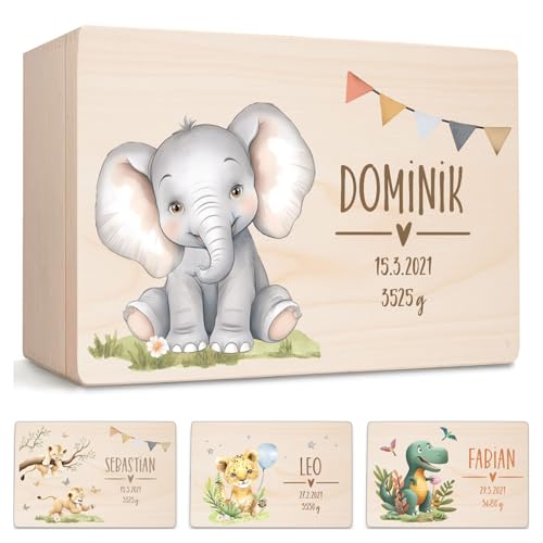 Little Deco Personalisierte Baby Erinnerungsbox mit Elefant | M - 30 x 20 x 13 cm - Design 3 | Erinnerungskiste für Jungen Geschenk zur Geburt, Taufe Holzkiste Geburtstagsgeschenk XHL1040-3-M von Little Deco