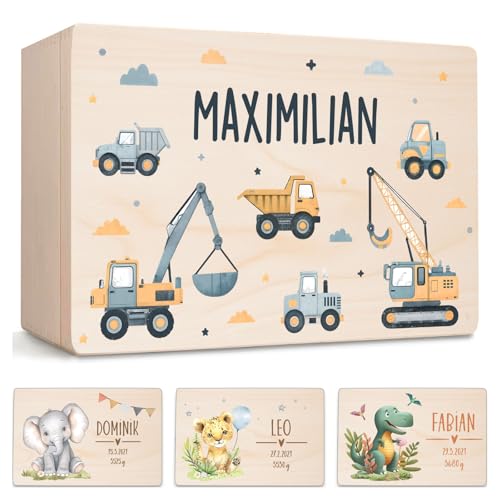 Little Deco Personalisierte Baby Erinnerungskiste mit Bagger | L - 40 x 30 x 22 cm - Design 5 | Holzkiste mit Deckel Erinnerungsbox als Geschenk zur Geburt, Taufe & Geburtstag für Jungen XHL1040-5-L von Little Deco