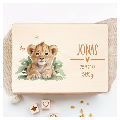 Little Deco Personalisierte Erinnerungsbox Baby Dschungel Löwe Holzkiste | L - 40 x 30 x 22 cm | Geschenk Geburt Taufe Babygeschenk Taufgeschenk Aufbewahrungskiste XHL1008-02 von Little Deco