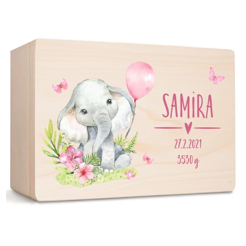 Little Deco Personalisierte Erinnerungsbox Baby Elefant Holzkiste mit Deckel | M - 30 x 20 x 13 cm | Erinnerungskiste mit Namen, Geschenk zur Geburt & Taufe für Mädchen XHL1027-01 von Little Deco