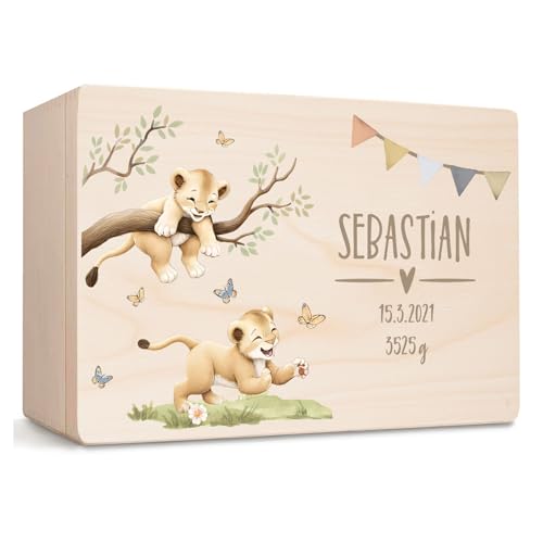 Little Deco Personalisierte Erinnerungsbox Baby Löwen Holzkiste | L - 40 x 30 x 22 cm | Babybox Erinnerungskiste mit Namen Geschenkidee zur Geburt für Mädchen & Jungen XHL1036-02 von Little Deco