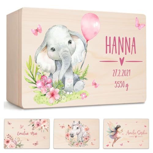 Little Deco Personalisierte Erinnerungskiste Baby Elefant | M - 30 x 20 x 13 cm - Design 4 | Erinnerungsbox Babygeschenk, Holzkiste mit Deckel, Geschenkidee zur Geburt Taufe Mädchen XHL1038-4-M von Little Deco