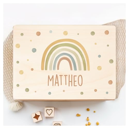 Little Deco Personalisierte Erinnerungskiste Baby Holzkiste mit Regenbogen | 40 x 30 x 22 cm | Aufbewahrungsbox Geburstagsgeschenk zur Geburt Taufe für Mädchen & Jungen XHL1002-02 von Little Deco
