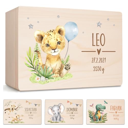 Little Deco Personalisierte Erinnerungskiste aus Holz | M - 30 x 20 x 13 cm - Design 2 | Erinnerungskiste mit Baby Löwen Geschenk Geburt & Taufe Geburtstagsgeschenk für Mädchen und Junge XHL1040-2-M von Little Deco