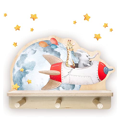 Little Deco Rakete Weltall Mini Wandregal für Kinderzimmer aus Holz, Wanddeko für Babyzimmer mit Wandtattoo Wandsticker Musikbox DL782-1 von Little Deco