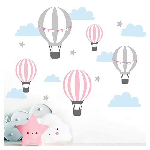 Little Deco Wandaufkleber Mädchenzimmer Heißluftballons Rosa Grau I Wandbild 110 x 70 cm (BxH) I Wolken Sterne Kinderzimmer Wandtattoo Babyzimmer DL501 von Little Deco