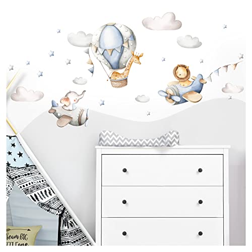 Little Deco Wandsticker Kinderzimmer Junge Tiere Flugzeuge I Blau - 131 x 60 cm (BxH) I Wandtattoo Löwe Elefant Wandaufkleber Kinder Ballon Wolken DL246-4-L von Little Deco