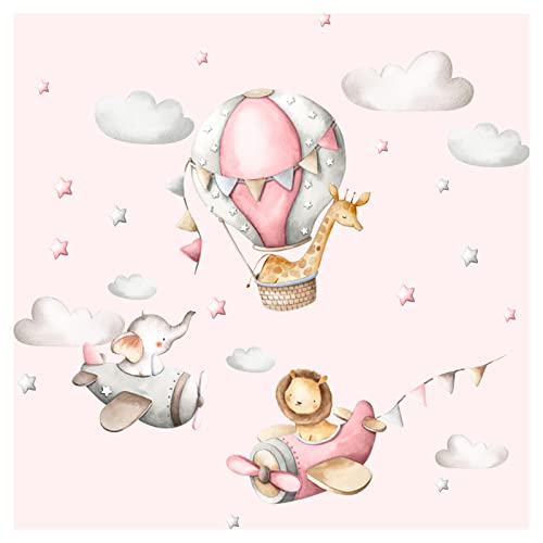 Little Deco Wandsticker Kinderzimmer Mädchen Tiere Flugzeuge I Rosa - 190 x 87 cm (BxH) I Wandtattoo Löwe Elefant Wandaufkleber Kinder Ballon Wolken DL246-5-XL von Little Deco