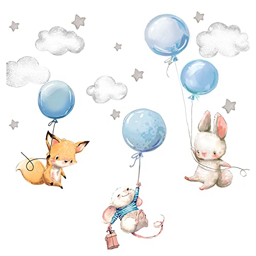 Little Deco Wandsticker Kinderzimmer Wandtattoo Tiere Ballon I Wandbild 144 x 83 cm (BxH) I Sterne Aufkleber Spielzimmer Baby Deko Kinder Junge blau DL611 von Little Deco