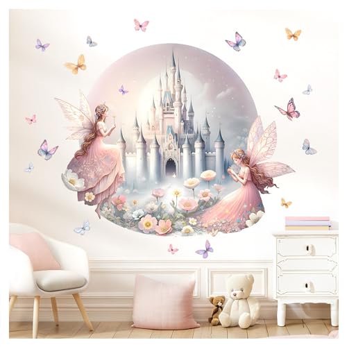 Little Deco Wandsticker Schloss Fee Kinderzimmer Mädchen Wandtattoo 60 cm rund Schmetterlinge Wandaufkleber für Babyzimmer rosa Schlafzimmer Wanddeko DL5034-02 von Little Deco