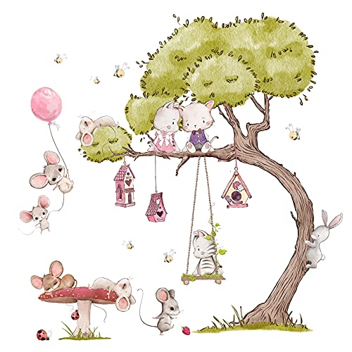 Little Deco Wandsticker Wandtattoo Kinderzimmer Mädchen Mäuse Wandaufkleber Vögelhäuser Wandbild Mädchenzimmer Katzen Rosa Schaukel Wanddeko Blumenranke DL721-4 von Little Deco