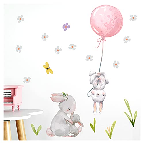 Little Deco Wandtattoo Babyzimmer Hasen mit Ballon Rosa I L - 155 x 155 cm (BxH) I Blumen Kinderbilder Deko Kinderzimmer Mädchen Aufkleber Sticker DL238 von Little Deco