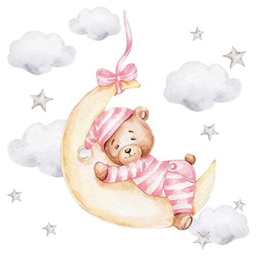 Little Deco Wandtattoo Bär auf dem Mond Wandsticker für Kinderzimmer rosa Teddybär Sterne Wanddeko DL827-2 von Little Deco