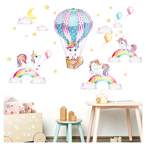 Little Deco Wandtattoo Einhörner Regenbogen & Heißluftballon I Wandbild 143 x 84 cm (BxH) I Sticker Mond und Sterne Kinderzimmer Aufkleber Mädchenzimmer Baby DL532 von Little Deco