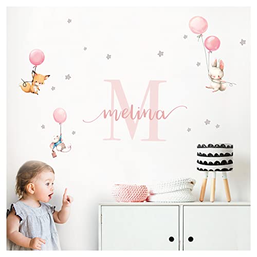 Little Deco Wandtattoo Tiere & Wunschname I Wandbild 208 x 102 cm (BxH) I Kinderzimmer Babyzimmer Wandaufkleber Mädchenzimmer Ballon Wandsticker Aufkleber DL318-D4 von Little Deco