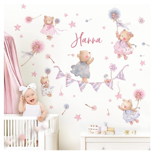 Little Deco Wandtattoo Waldtiere Bär mit Wunschname Wandsticker Pusteblume Kinderzimmer Wandaufkleber Blume Sterne Mädchen Babyzimmer Wanddeko DL5011-03 von Little Deco