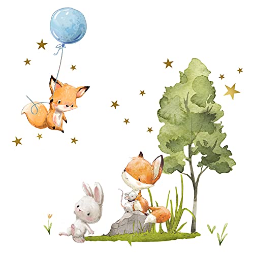 Little Deco Wandtattoo Wandsticker Kinderzimmer Fuchs und Maus I Wandbild 103 x 75 cm (BxH) I Sterne Wandaufkleber Ballon Spielzimmer Mädchen Baby Jungs Deko DL724 von Little Deco