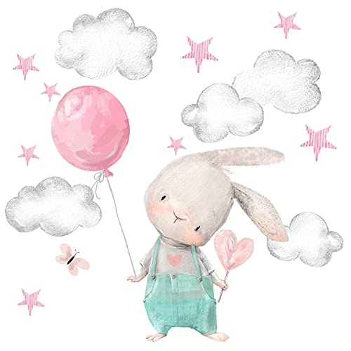 Little Deco Wandtattoo Wandsticker Kinderzimmer Tiere Hase I Wandbild 46 x 31 cm (BxH) I Ballon Sterne Wandaufkleber Spielzimmer Baby Wanddeko Mint rosa DL603 von Little Deco