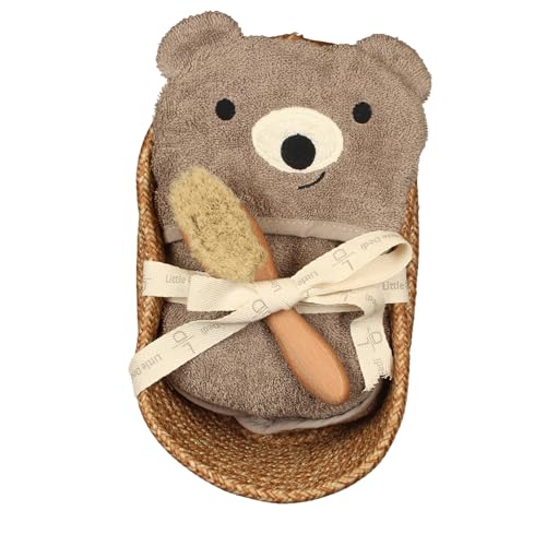 Little Dedi Baby Geschenkset zur Geburt – 3-teiliges Set mit Kapuzenhandtuch Teddy aus Bio-Baumwolle GOTS Zertifiziert, Naturhaarbürste & Handgemachter Aufbewahrungskorb – Erstausstattung Neugeborene von Little Dedi