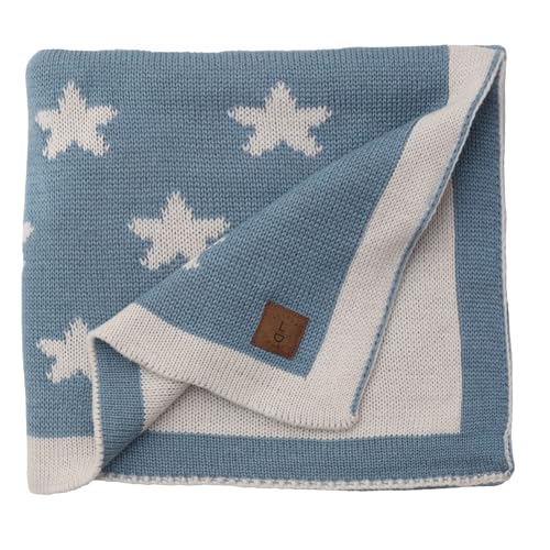 Little Dedi Stars Babydecke 80x100 cm – Weiche, beidseitig verwendbare Acryl-Strickdecke mit Schleife – Oeko-TEX Zertifiziert – Rauchblau von Little Dedi