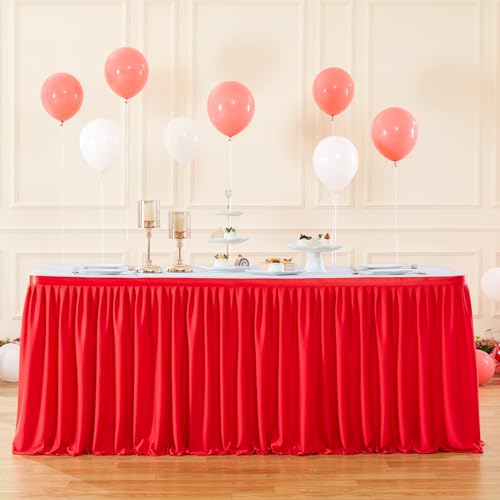 Rote Tischröcke für rechteckige Tische, 1,8 m, Polyester, plissiert, Rüschen, Tischdecke für Hochzeit, Geburtstag, Party, Babyparty, Brautparty, Bankett, Tischdekorationen von Little Funny
