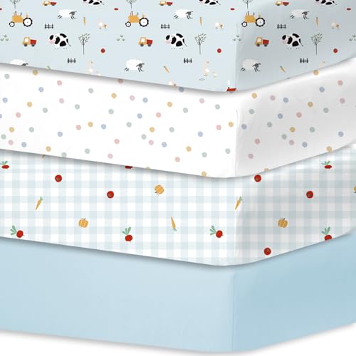 Little Grape Land 4er-Pack Spannbettlaken Spannbetttücher 60x120 cm für Baby- und Kinderbetten – Atmungsaktive Mikrofaser-Babybettlaken, Oeko-TEX zertifizierte Kinderbett-Matratzenlaken,Blaue Weide von Little Grape Land
