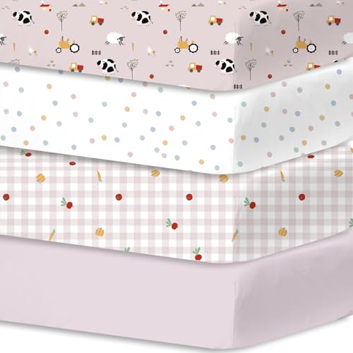 Little Grape Land 4er-Pack Spannbettlaken Spannbetttücher 60x120 cm für Baby- und Kinderbetten – Atmungsaktive Mikrofaser-Babybettlaken, Oeko-TEX zertifizierte Kinderbett-Matratzenlaken,Rosa Weide von Little Grape Land