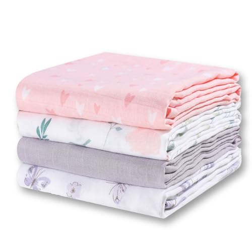 Little Grape Land Baby Pucktuch, Mulltuch 120 x 120cm 4er Set,Mullwindeln Babydecken für Junge und Mädchen, Spucktücher Baby, Musselin Babydecke Swaddle für Neugeborene, (Rosa) von Little Grape Land