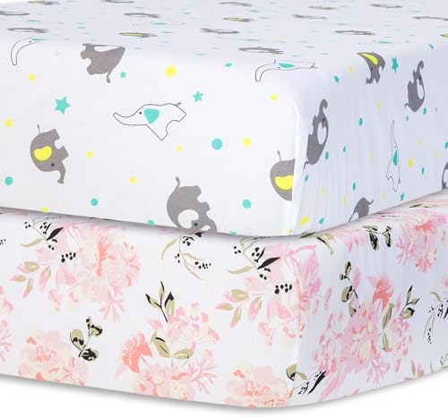 Little Grape Land Kinderbettlaken für Jungen und Mädchen, 2er-Pack Spannbettlaken für 60x120cm Matratzen, superweiches und atmungsaktives Mikrofaser-Baby-Laken, Blumen/Elefant von Little Grape Land