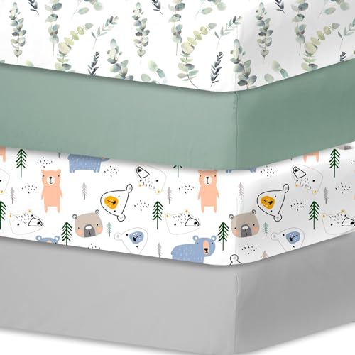 Little Grape Land Spannbettlaken 70x140cm, 4er Set für Babybett & Kinderbett, Weiche Mikrofaser, Atmungsaktiv & Oeko-TEX Zertifiziert, Waschbar, Blätter/Grün/Bär/Grau von Little Grape Land