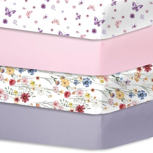 Little Grape Land Spannbettlaken Spannbetttücher für Babybetten Kinderbett, atmungsaktives Mikrofaser Matratzenbettlaken, Oeko-TEX Zertifiziert, 70x140cm, 4er, Schmetterling/Rosa/Blumen/Graulila von Little Grape Land