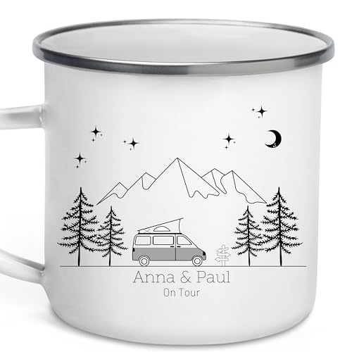 Little Mathilda Emaille Camping Tasse personalisiert mit Namen | Camper zubehör Wohnmobil innen | retro Edelstahl Becher weiß | Geschenk für Camper Outdoor Tasse Blechtasse Wohnwagen (Campingvan grau) von Little Mathilda