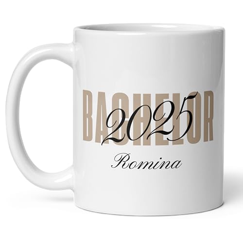 Little Mathilda Bachelor Tasse personalisiert 2025 Bachelor Geschenk mit Namen und Datum Bestandene Prüfung Keramik Tasse Kaffeetasse 330 ml Abschluss Geschenk Tasse mit Spruch (Beige) von Little Mathilda
