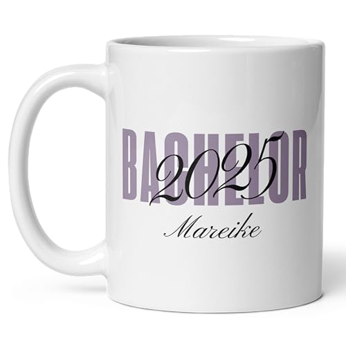 Little Mathilda Bachelor Tasse personalisiert 2025 Bachelor Geschenk mit Namen und Datum Bestandene Prüfung Keramik Tasse Kaffeetasse 330 ml Abschluss Geschenk Tasse mit Spruch (Lila) von Little Mathilda