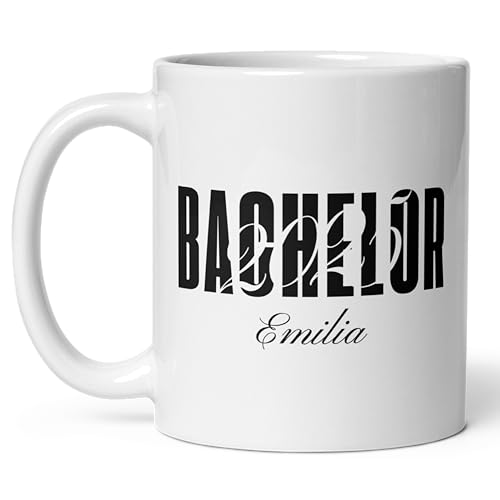 Little Mathilda Bachelor Tasse personalisiert 2025 Bachelor Geschenk mit Namen und Datum Bestandene Prüfung Keramik Tasse Kaffeetasse 330 ml Abschluss Geschenk Tasse mit Spruch (Schwarz) von Little Mathilda