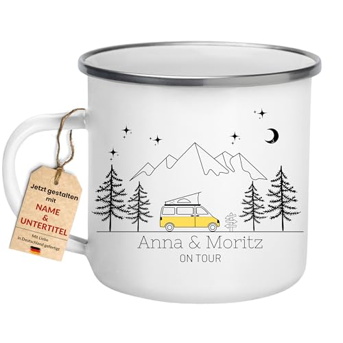 Little Mathilda Emaille Tasse Camping personalisierte Campingtasse mit Namen Kaffeetasse Zubehör Wohnmobil Wohnwagen Van Geschirr Edelstahl Becher Campingküche Geschenk für Camper (Campingvan gelb) von Little Mathilda