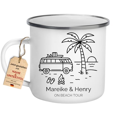 Little Mathilda Emaille Tasse Camping personalisiert mit Namen 330ml Camping Becher Wohnmobil Geschenke für Camper Wohnwagen Zubehör Camping Tasse Tasse mit Spruch (1 Tasse) von Little Mathilda