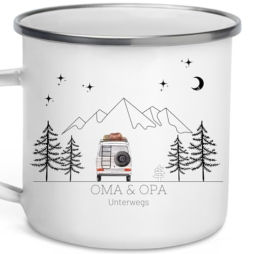 Little Mathilda Emaille Tasse Camping personalisierte Campingtasse mit Namen Kaffeetasse Zubehör Wohnmobil Wohnwagen Van Geschirr Edelstahl Becher Campingküche Geschenk für Camper von Little Mathilda