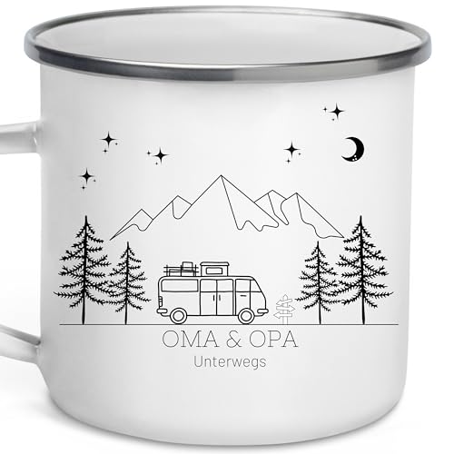 Little Mathilda Emaille Tasse Camping personalisierte Campingtasse mit Namen Kaffeetasse Zubehör Wohnmobil Wohnwagen Van Geschirr Edelstahl Becher Campingküche Geschenk für Camper von Little Mathilda