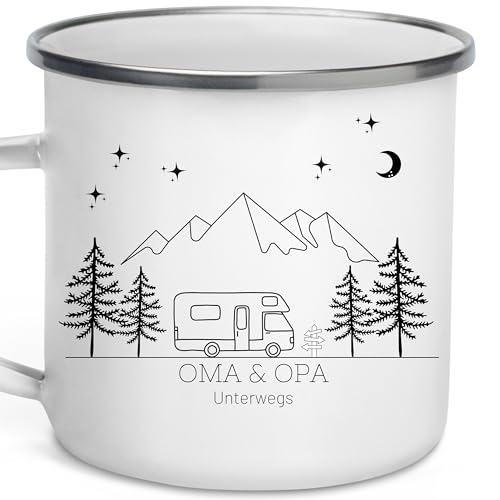 Little Mathilda Emaille Tasse Camping personalisierte Campingtasse mit Namen Kaffeetasse Zubehör Wohnmobil Wohnwagen Van Geschirr Edelstahl Becher Campingküche Geschenk für Camper von Little Mathilda